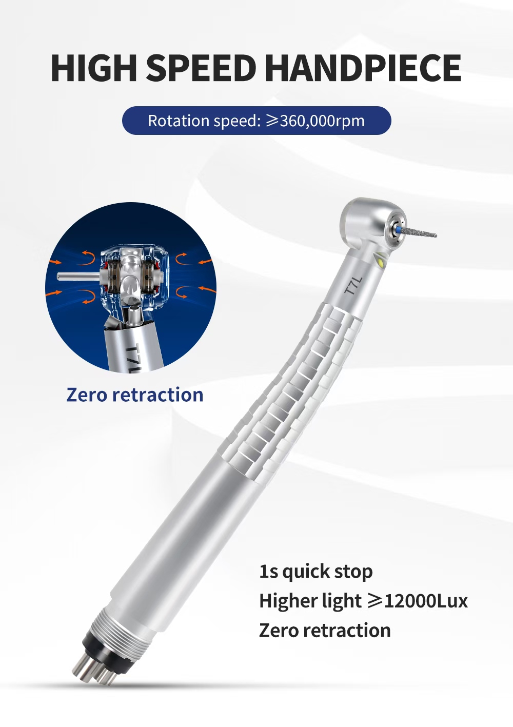 t7l high speed led dental handpiece with zero retraction & 1s quick stop t7l high speed led dental handpiece with zero retraction & 1s quick stop